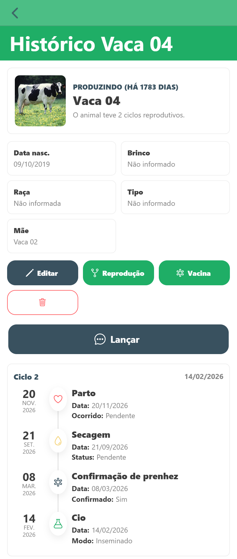 Histórico reprodutivo real de um animal no Agroapex