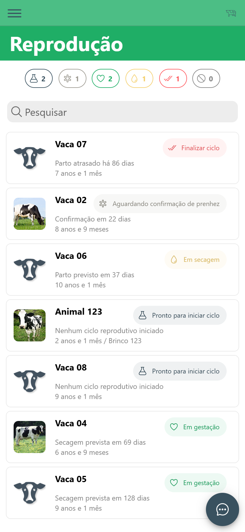 Lista reprodutiva dos animais no Agroapex